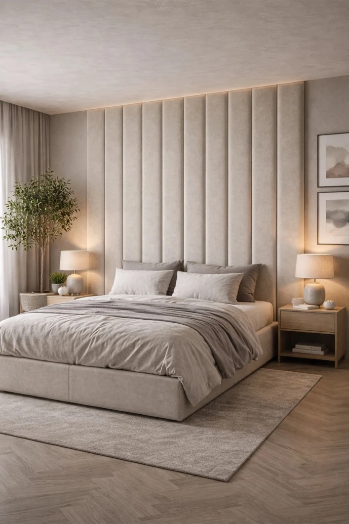 Full-height neutral upholstered headboard panels with bedside lamps
