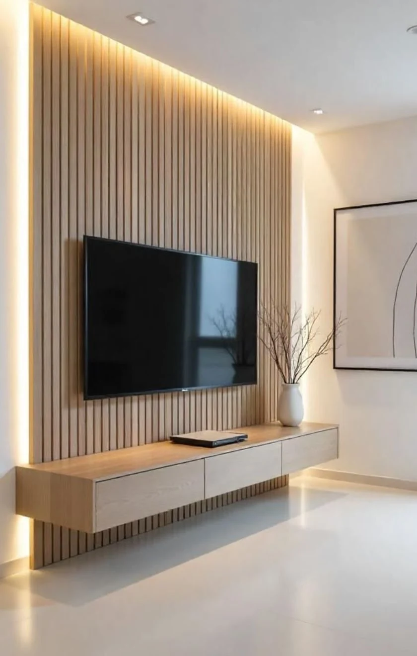 Mounted TV with full-height slat panels and warm feature lighting